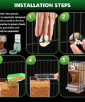 Installation steps for No Sweat Bird Feeder And Water Dispenser Set For Parrot Cages, showing clear feeder setup.