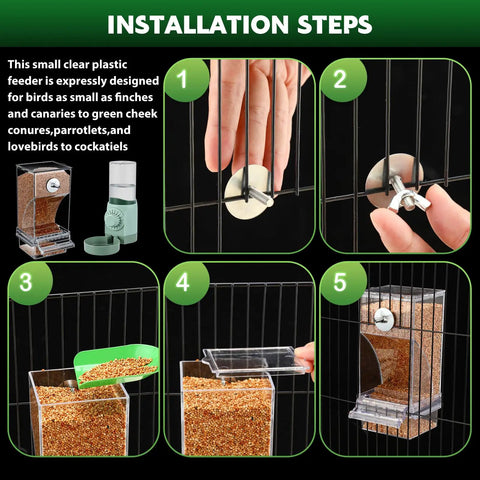 Installation steps for No Sweat Bird Feeder And Water Dispenser Set For Parrot Cages, showing clear feeder setup.