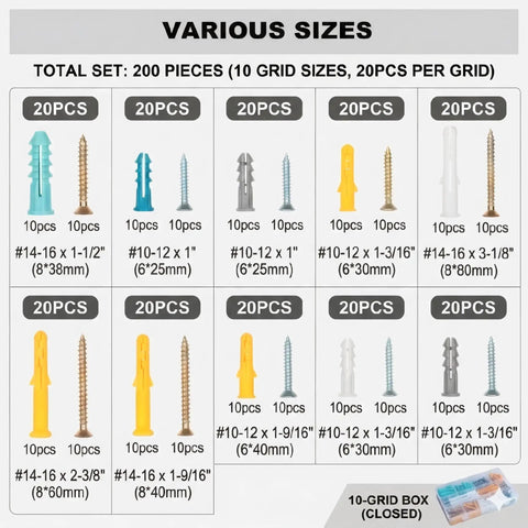 Image of 200 Piece Drywall Anchors And Screws Set Ten Sizes Heavy Duty Plastic Wall Anchors And Carbon Steel Screws displayed in grid.