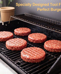 Raw burgers on a grill created using 3 In 1 Nonstick Burger Press For Stuffed Patties, Sliders And Regular Burgers, Detachable Indent.