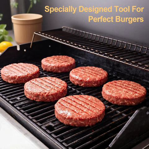 Raw burgers on a grill created using 3 In 1 Nonstick Burger Press For Stuffed Patties, Sliders And Regular Burgers, Detachable Indent.