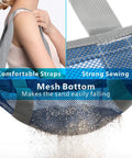 Woman holding Big Mesh Beach Bag For Fam Trips Fits Four To Six Towels Water Bottles Sunscreen And Gear Nine Pockets For Anti Chaos Organization showing mesh bottom and strong straps.