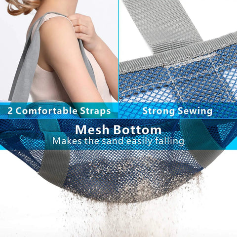 Woman holding Big Mesh Beach Bag For Fam Trips Fits Four To Six Towels Water Bottles Sunscreen And Gear Nine Pockets For Anti Chaos Organization showing mesh bottom and strong straps.