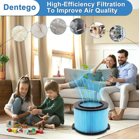Family enjoying clean air with Replacement Filter Pack For Three To Four And A Half Gallon Shop Vacuums With Three Layer H11 Filtration Washable And Reusable Heavy Duty Fits WD3050 WD4070 WD4080 WD4522 4000RV 4500RV in living room.