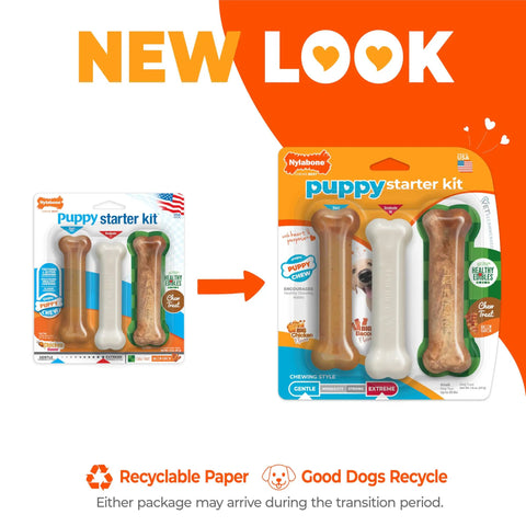 Puppy Teething Starter Kit With 2 Chew Toys And 1 Natural Treat For Puppies Bacon And Chicken Flavor Small Dogs Up To 25 Lbs 3 Pack packaging