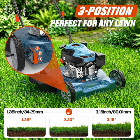 20 Inch Gas Powered Lawn Mower With 144cc 4 Cycle Engine Walk Behind Push Mower No Hassle Start Lightweight Build 3 Position Cutting Height Durable Deck Beast For Quick Home Yard Mowing with 3-position height adjustment