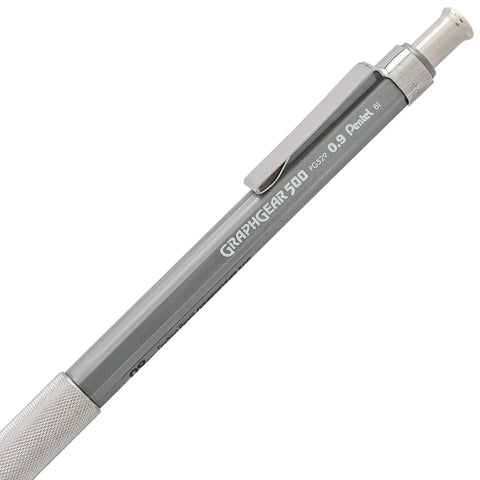 Graph Gear 500 Automatic Drafting Pencil 0.9mm with gray barrel and metallic mesh grip, side view of pencil.
