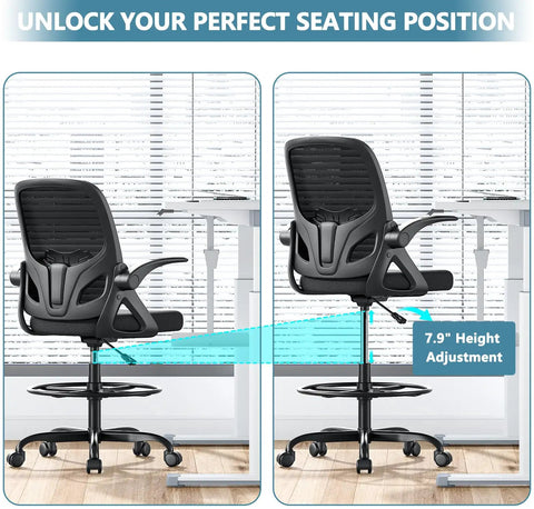 Tall Drafting Chair For Home Office And Art Studio showcasing height adjustability and ergonomic support, black mesh design.
