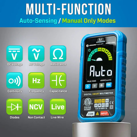 AMM-600 Auto Smart Digital Multimeter Pro Grade Tool ETL Certified 4000 Counts TRMS, colorful function icons on bright display