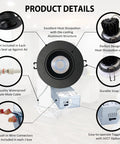 Product details for Canless Recessed Gimbal Downlight Kit For 20 Ft Ceilings, 1200 Lumens, 4 Inch 15W LED, black, with junction box