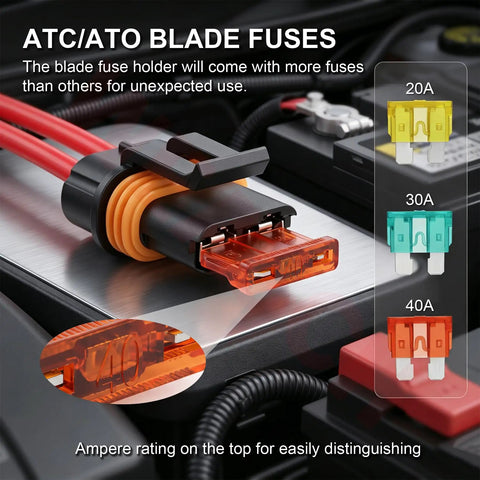 Kick Butt Heavy Duty 12 AWG Tinned Copper Wire Kit with Inline Fuse Holder Waterproof showing ATC/ATO blade fuses and wiring.