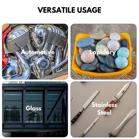 Transform Your Bench Grinder With These Heavy Duty 6 Inch Hard Felt Buff Wheels, A Rock Solid Pack Of Two Featuring Dense Wool And A Dead Easy Half Inch Arbor Adapter For Knockout Shines On Metal Glass And Knives. Collage of automotive, lapidary, glass, and stainless steel applications.