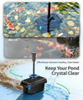 All In One Pond Filter Kit With U V Clarifier, 660 GPH Pump, 40W Power, RGB LED Lights, Built In Fountain For Outdoor Ponds Up To 1300 Gallons P2360 with black filter and fountain in koi pond showing before and after results.