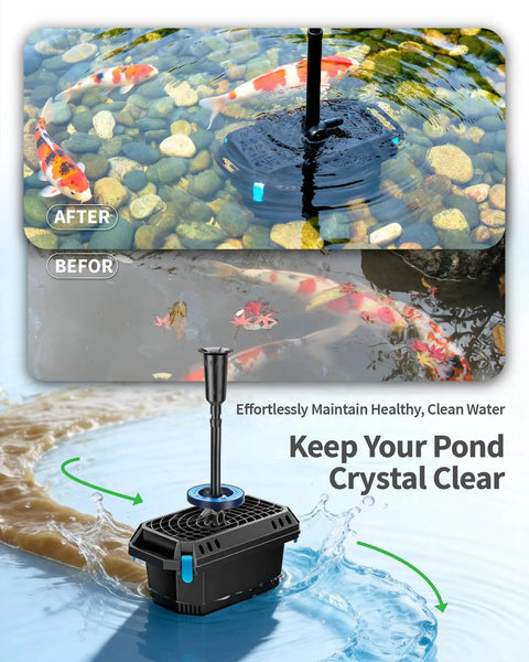 All In One Pond Filter Kit With U V Clarifier, 660 GPH Pump, 40W Power, RGB LED Lights, Built In Fountain For Outdoor Ponds Up To 1300 Gallons P2360 with black filter and fountain in koi pond showing before and after results.