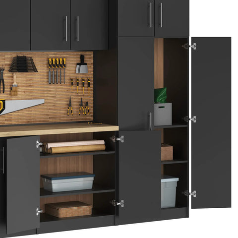 165 Degree Clip-On Soft Close Cabinet Hinges with zero protrusion on open garage cabinets showing tools inside.