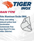 Tiger INOX Type 27 Cut And Grind Combo Wheel 7 Inch Diameter 1/8 Inch Thick INOX30T 7/8 Inch Arbor Contaminant-Free Stainless Steel Wheel material chart with grain type details