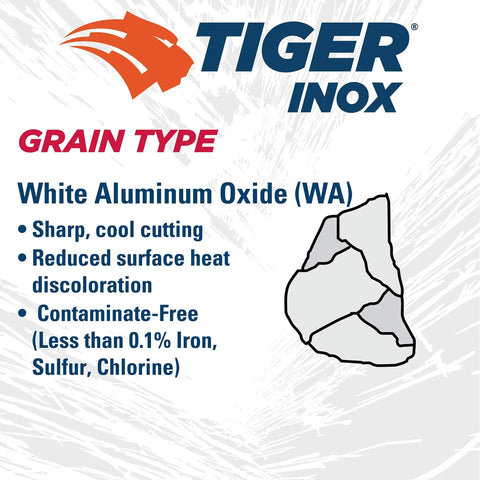 Tiger INOX Type 27 Cut And Grind Combo Wheel 7 Inch Diameter 1/8 Inch Thick INOX30T 7/8 Inch Arbor Contaminant-Free Stainless Steel Wheel material chart with grain type details
