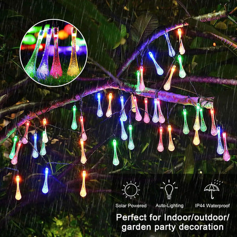 Water Drop Solar String Lights 2 Pack Outdoor Waterproof 41.6Ft Total Length 60 LED Teardrop Water Drop Lights Multicolor