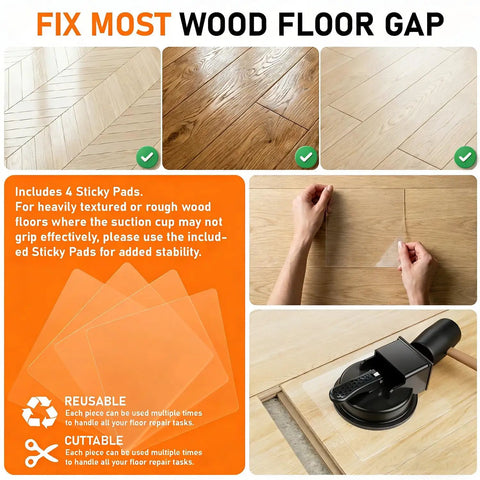 Floor Gap Fixer Tool For Quick Home Repair In Minutes Two Step Suction Cup System No Pro Needed With Five Sticky Pads For Textured Floors 110 Lb Impact Resistant Plank Puller For Smooth Wood Tile And Hardwood Surfaces shown with sticky pads and suction cup in action on wood floor