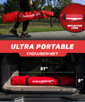 Portable 12x6 Foot Soccer Goal, red carry bag with PowerNet logo, dimensions shown in car trunk for backyard fun and training