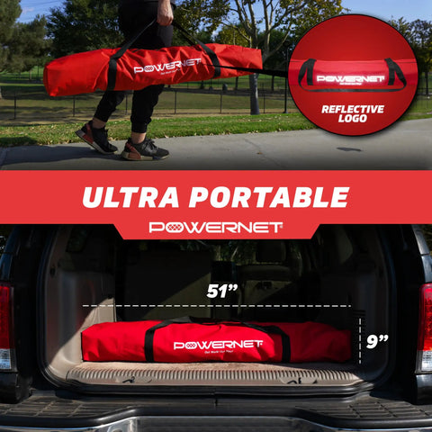 Portable 12x6 Foot Soccer Goal, red carry bag with PowerNet logo, dimensions shown in car trunk for backyard fun and training