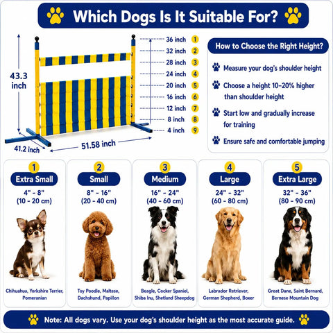 Metal Adjustable Dog Agility Jump Set chart with height guide for various dog sizes from extra small to extra large breeds.