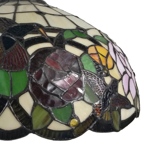 Close-up of Tiffany Style Hanging Pendant Lamp With Stained Glass White Hummingbird Pattern Two Light Fixture for bedroom