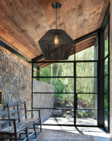 Handwoven Rattan Basket Shade Boho Chic Pendant Light 16.5 Inch Matte Black Modern Farmhouse Coastal Chandelier in sunlit room