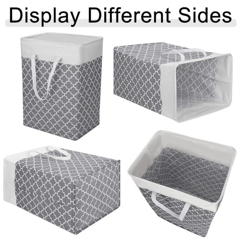 Four angles of Six Pack 75L Large Collapsible Laundry Baskets with Reinforced Handles, waterproof, gray geometric design