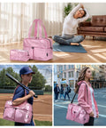 Collage of women using 45L Waterproof Duffle Bag For Women Lightweight Carry On Weekender with Separate Shoe Pocket, pink.