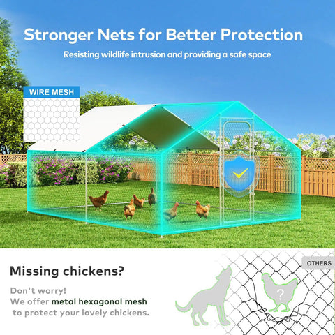 Diagram of Sturdy Metal Chicken Coop With Waterproof UV Cover And Walk In Run Spire Roof Outdoor Cage showcasing wildlife protection