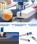 Six Piece Pattern Flush Trim Router Bit Set With 1/4 Inch Shank Carbide Tipped Template Top Bearing in use on wood
