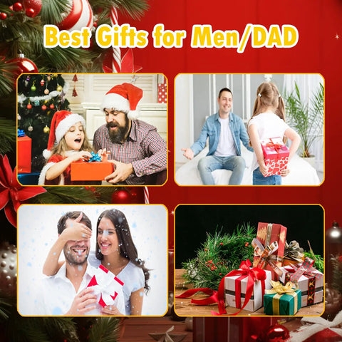 Collage of family Christmas gift scenes with wrapped presents and happy families, titled 'Best Gifts for Men/DAD'.