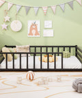 Toddler Floor Bed With Guardrails And Door Kid Friendly Twin Size Montessori Bed For Two To Five Year Olds in a nursery