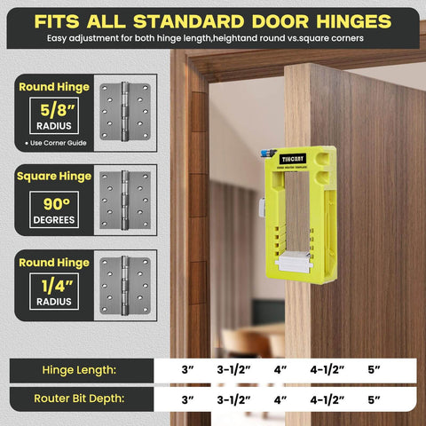 Green Door Hinge Jig For Quick Install No Fuss All In One Router Template for hinge fitting on wooden door frame display.