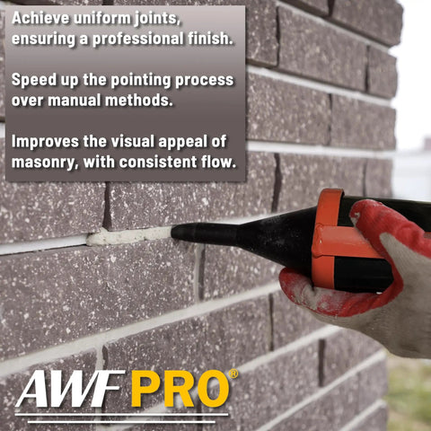 Mortar Pointing Gun For Brick, Cement, Stone, And Tile Grout, 1 Quart Capacity, 12 To 1 Thrust in use on brick wall.