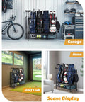 Four Bag Golf Organizer Rack For Garage Storage in use at garage, golf club, and home settings, holding multiple golf bags and accessories.