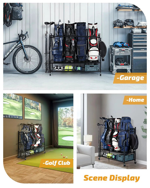 Four Bag Golf Organizer Rack For Garage Storage in use at garage, golf club, and home settings, holding multiple golf bags and accessories.