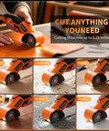WorkNeon 4V Cordless Electric Scissors Rechargeable Cutter With Two Blades cutting leather and fabric, showcasing ergonomic handle design.