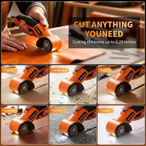 WorkNeon 4V Cordless Electric Scissors Rechargeable Cutter With Two Blades cutting leather and fabric, showcasing ergonomic handle design.