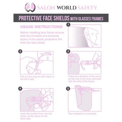 Installation instructions for Pack Of 4 Pink Frame Face Shields With Ultra Clear Full Face Protection, Anti Fog PET Plastic Goggles.