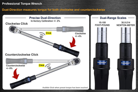 One Half Inch Drive Dual Direction Click Torque Wrench Pro Grade Tool, 15 To 150 Ft-Lb Range, Accurate Calibration Clockwise And Counterclockwise