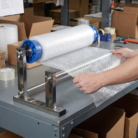 Manual Stretch Film Dispenser For Shipping And Moving Easy Desktop Wrapping Station in use with bubble wrap on a table