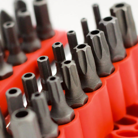 Close-up of 34-Piece Security Bit Set With One-Quarter-Inch Hex Shank For Impact Drivers, gray bits in red holder