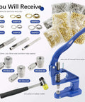Heavy Duty Grommet Tool Kit Hand Press Grommet Machine With 3000 Silver And Gold Grommets In Six Ten And Twelve Millimeter Includes Dies One Quarter Three Eighths And One Half Inch Plus Double Head Rubber Hammer For Fabric Tarps Leather Bags Shoes displayed with contents and accessories