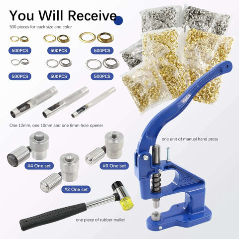 Heavy Duty Grommet Tool Kit Hand Press Grommet Machine With 3000 Silver And Gold Grommets In Six Ten And Twelve Millimeter Includes Dies One Quarter Three Eighths And One Half Inch Plus Double Head Rubber Hammer For Fabric Tarps Leather Bags Shoes displayed with contents and accessories