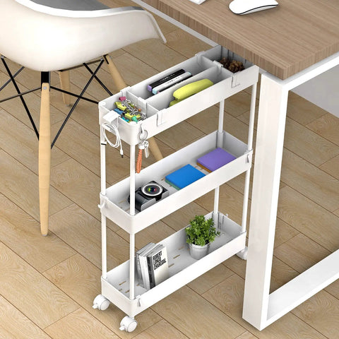 Compact 3 Tier Storage Cart With Rolling Utility Wheels, Slim Mobile Shelving Unit Slide Out Design for office under desk