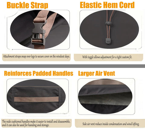 Buckles, handles, and vents of Heavy Duty Round Patio Table And Chair Cover 84 Inch Diameter 28 Inch High Waterproof UV Resistant Dark Grey