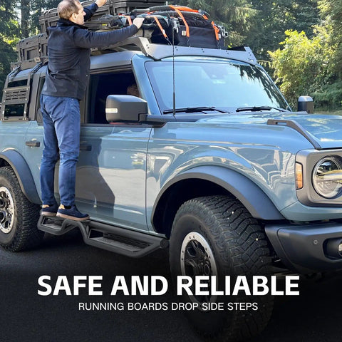 Two Tube Side Steps Compatible With 2021 To 2026 Ford Bronco Four Door Running Boards on vehicle with person accessing roof.