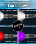 Comparison of four diving lights with different beam colors, styles, and features.